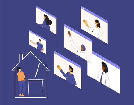 Video call conference. Online meeting collegues. Digital communication. Manager talking with his team from home. Remote teamwork. Vector color line art flat illustration.のイラスト素材