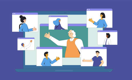 Video call conference. Online meeting. Digital communication. People talking to each other on laptop screen. Computer with video chat. Remote teamwork. Vector illustration.のイラスト素材
