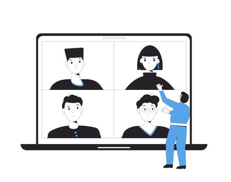 Video call conference. Online meeting. Digital communication. People talking to each other on laptop screen. Computer with video chat. Remote teamwork. Vector illustration.のイラスト素材