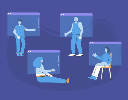 Video call conference. Friends or family online meeting. Digital communication. People talking to...