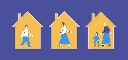 Lockdown. Family or neighbors digital communication. People standing with selfisolation at home. Vector color line art flat illustration.のイラスト素材