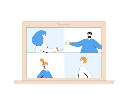 Video call conference. Online meeting. Digital communication. People talking to each other on laptop screen. Remote teamwork. Vector color line art flat illustration.のイラスト素材