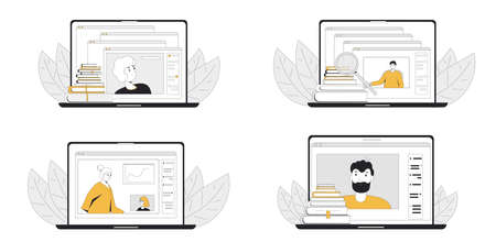 Online education set. Digital learning collection concepts. Teacher gives webinar or online video training. Vector color line art flat illustration.のイラスト素材