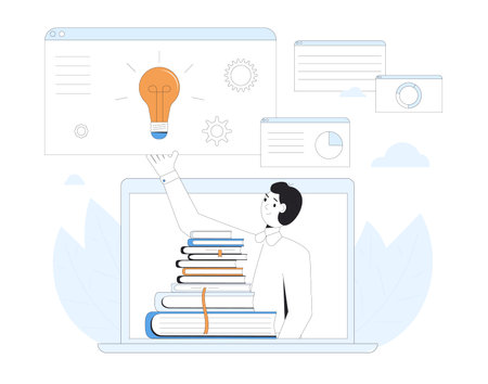 Online education. Digital learning. Young scientist gives a report on computer screen. Internet...