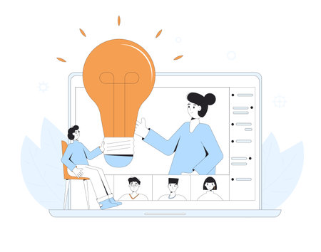 Online education. Digital learning. Teacher gives a lecture on computer screen. Internet webinar or online video training. Vector color line art flat illustration.のイラスト素材