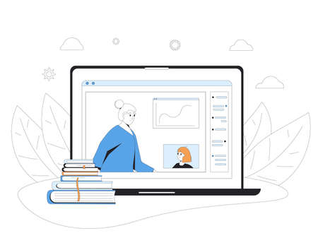 Online education. Digital learning on computer screen. Internet webinar or online video training, course. Vector color line art flat illustration.のイラスト素材