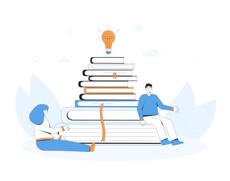 Book club. Library. Knowledge, education, learning concept. People sitting near huge stack of books talking to each other. Students or reading lovers. Vector color line art flat illustration.のイラスト素材