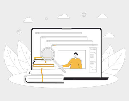 Online education. Digital learning on computer screen. Internet webinar or online video training, course. Vector color line art flat illustration.のイラスト素材