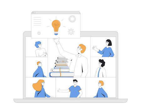 Online education. Digital learning. People talking to each other on computer screen. Teacher and students. Internet webinar or online video training. Vector color line art flat illustration.のイラスト素材