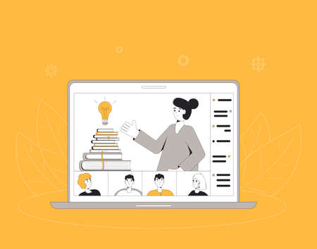Webinar concept. Online education. Digital lesson. Expert giving report on computer screen. Teacher show a presentation and students listen her. Video training. Vector outline illustration.のイラスト素材