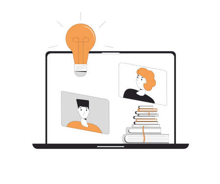 Brainstorming. Online education. Digital learning. Two men talking to each other on computer screen. Teacher and student. Internet webinar or online video training. Vector color line art flat illustration.のイラスト素材