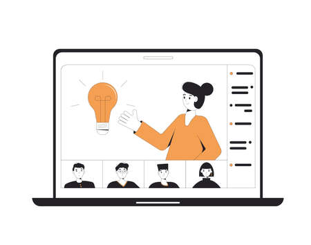Online education. Digital learning. Female teacher and teenagers students in virtual classroom have a brainstorm meeting. Video logic lesson. Vector line art concept illustration.のイラスト素材