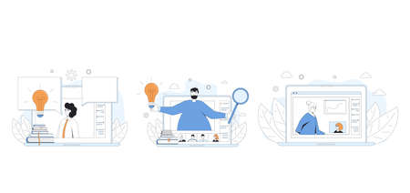 Online education set. Digital learning collection concepts. Teacher or coach gives webinar or online video training. Vector color line art flat illustration.のイラスト素材