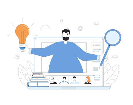 Webinar concept. Home schooling. Online education. Expert giving report on computer screen. Teacher show a presentation and students have a discussion. Video training. Vector illustration.のイラスト素材