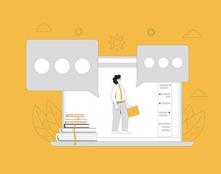 Online education. Digital learning. Teacher gives webinar or online video training. Vector color line art flat illustration.のイラスト素材