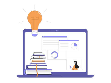 Webinar concept. Online education. Digital lesson. Expert giving report on computer screen. Teacher show a presentation. Video training. Female instructor gives a lecture. Vector outline illustration.のイラスト素材