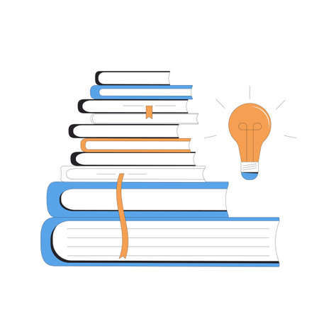 Books with bulb. Knowledge, education, learning, idea symbol. Study, research. Vector color line art flat illustration.のイラスト素材