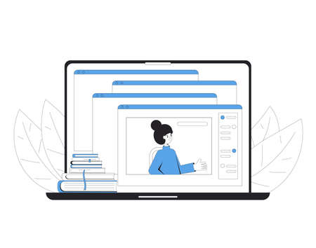 Online education. Digital learning on computer screen. Internet webinar or online video training, course. Vector color line art flat illustration.のイラスト素材