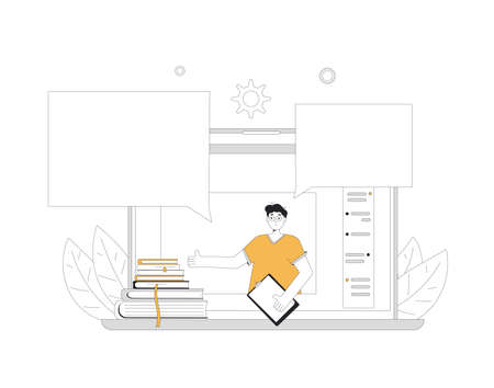 Online education. Digital learning on computer screen. Internet webinar or online video training, course. Vector color line art flat illustration.のイラスト素材