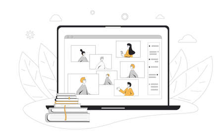 Webinar. Online education. Digital learning. People talking to each other on computer screen. Teacher and students. Internet lecture or online video training. Vector color line art flat illustration.のイラスト素材