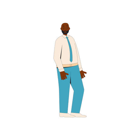 African american man. Male character wearing in formal clothes standing isolated on a white background. Vector color line illustration.のイラスト素材