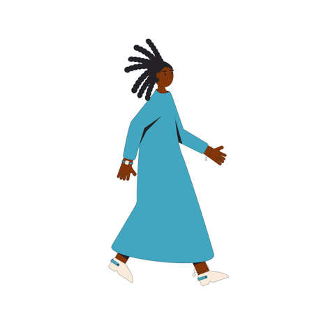 African american woman walking isolated on a white background. young female character wearing in casual long dress with dreadlocks. Vector color line illustration.のイラスト素材