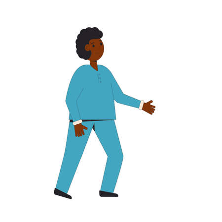 African american boy. Child wearing in casual clothes standing isolated on a white background. Vector color line illustration.のイラスト素材