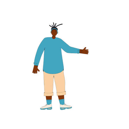 African american male teenager. Boy character wearing in casual clothes standing isolated on a white background. Vector color line illustration.のイラスト素材