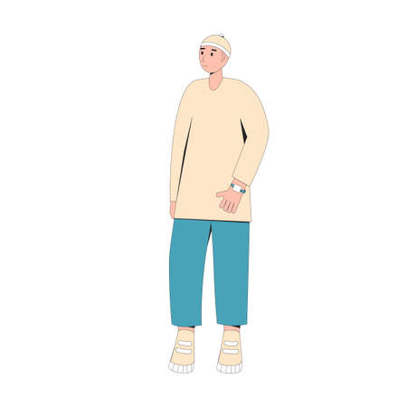 Caucasian male teenager. Boy character wearing in casual clothes standing isolated on a white background. Vector color line illustration.のイラスト素材