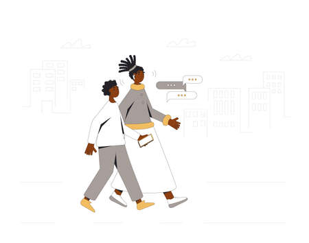 Two african american teenagers walking through the streets together. Young friends or sibling wearing in casual clothes with phone. Vector line illustration.のイラスト素材
