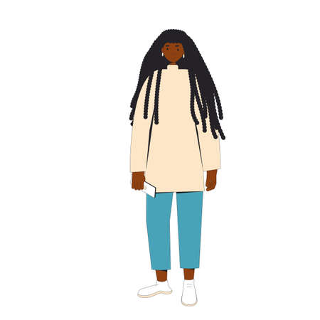 Young african american woman. Female teenager character wearing in casual clothes standing isolated on a white background. Vector color line illustration.のイラスト素材