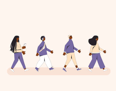 Group of african american teenagers walking one after another. Young female and male friends wearing in trendy casual clothes marching in step together. Boys and girls.のイラスト素材