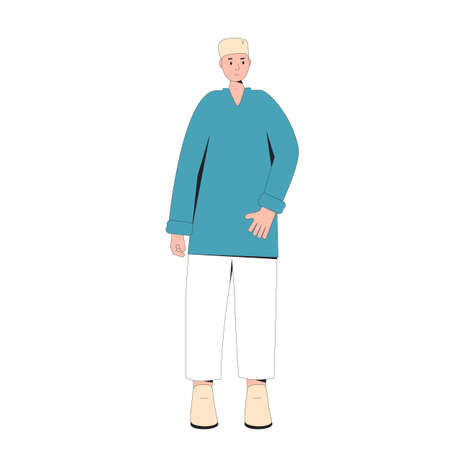 Caucasian male teenager. Boy character wearing in casual clothes standing isolated on a white background. Vector color line illustration.のイラスト素材