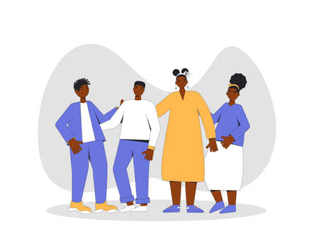 Group of african american teens standing together. Young female and male friends wearing in casual clothes. Black boys and girls teenagers hugging each other. Vector color line illustration.のイラスト素材