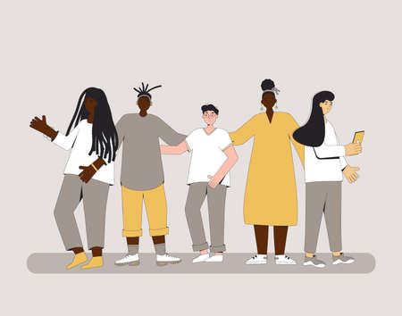 Group of diverse teenagers standing together. Young female and male friends wearing in casual clothes. Boys and girls hugging each other. Vector color line illustration.のイラスト素材