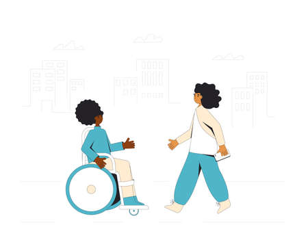 Inclusion. Two teenagers meeting on the street. Young friends talking about lifestyle. Vector color line illustration.のイラスト素材