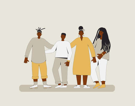 Group of african american teenagers standing together. Young female and male friends wearing in casual clothes. Boys and girls. Vector color line illustration.のイラスト素材