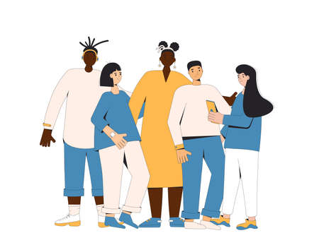 Group of diverse teenagers standing together isolated on white background. Young female and male friends wearing in casual clothes. Boys and girls hugging each other. Vector color line illustration.のイラスト素材