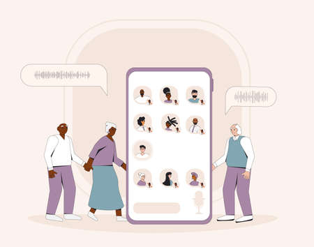 Social media networking app. Audio chat. Elderly friends communicating with voice and phone. Online conference with different people. Vector illustrator.のイラスト素材