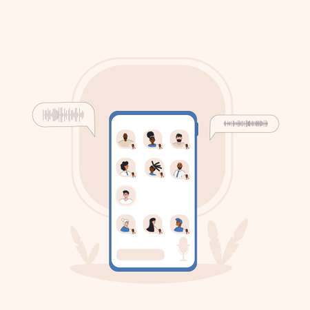 Smartphone with avatars on screen. Social media networking app. Audio chat. Talking with friends with voice and phone. Online conference with different people. Vector illustrator.のイラスト素材