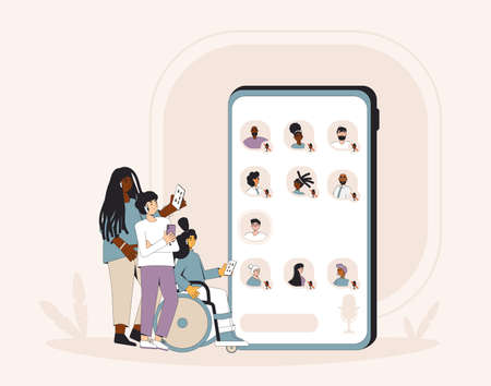 Social media networking app. Audio chat. Talking with friends with voice and phone. Online conference with different people. Vector illustrator.のイラスト素材