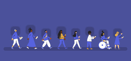 Teenagers walking with phone and headphones. Girls and boys listening to music, podcast, audiobook, lecture. Young multicultural people used social media app. Vector illustrator.のイラスト素材