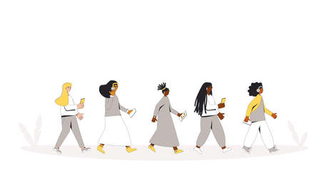 Female teenagers walking with phones and headphones walking. Girls listening to music, podcast, audiobook, lecture. Young multicultural people. Vector illustrator.のイラスト素材