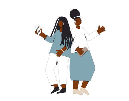 Teenagers listening to music, podcast, audiobook, lecture. Friendship. Young couple standing together with phones and headphones isolated on white background. Audio chat. Vector illustrator.のイラスト素材