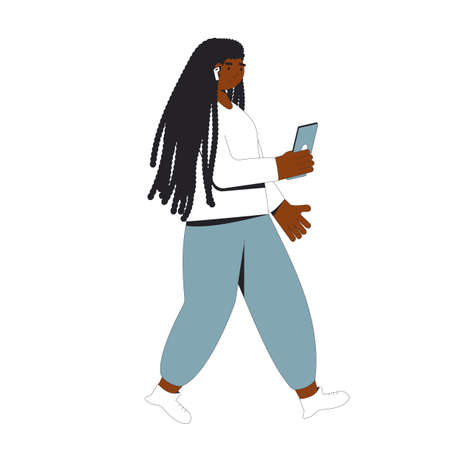 Girl listening to music, podcast, audiobook, lecture. Young african american woman with phone and headphones isolated on white background. Audio chat. Online conference. Vector color illustrator.のイラスト素材