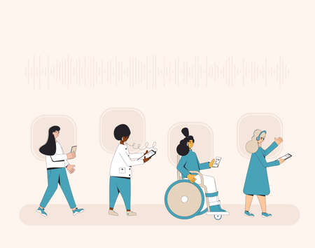 Female teenagers walking with phones and headphones walking. Girls listening to music, podcast, audiobook, lecture. Young multicultural people. Vector illustrator.のイラスト素材