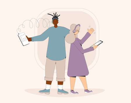 Social media networking app. Audio chat. Talking with friends with voice and phone. Online conference with different people. Vector illustrator.のイラスト素材