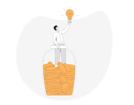 Wealth concept. Business idea for profit. Save money. Young manager standing into jar of coins with lightbulb in his hand. Male person with moneybox. Vector color line art illustration.のイラスト素材