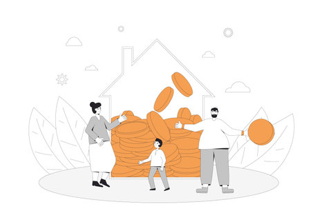 Family budget concept. Parents with kid save money to buy a house. Money management. Mother, father and son planning their income. Vector color line art illustration.のイラスト素材