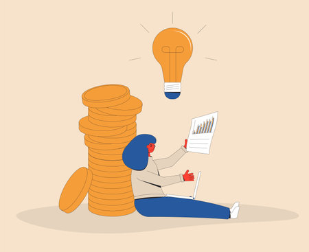 Wealth concept. Business idea for profit. Save money. Young startuper have a plan. Female person finds a sponsors and investors for her new project. Vector color line art illustration.のイラスト素材